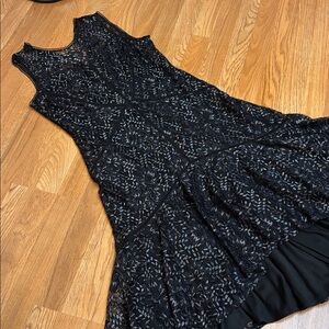 Taylor black and silver floral lace sleeveless asymmetrical midi dress. Size 14.